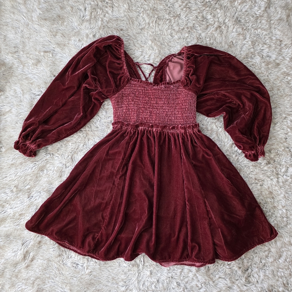 Velvet Smocked Mini Dress - Burgundy - Picture 3 of 16